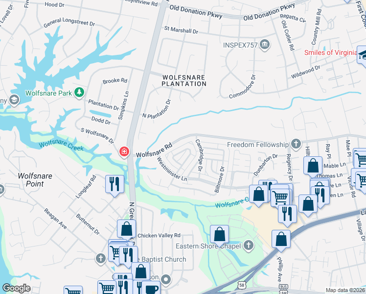 map of restaurants, bars, coffee shops, grocery stores, and more near 2237 Windom Place in Virginia Beach