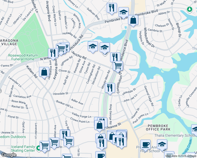 map of restaurants, bars, coffee shops, grocery stores, and more near 607 Minute Men Road in Virginia Beach