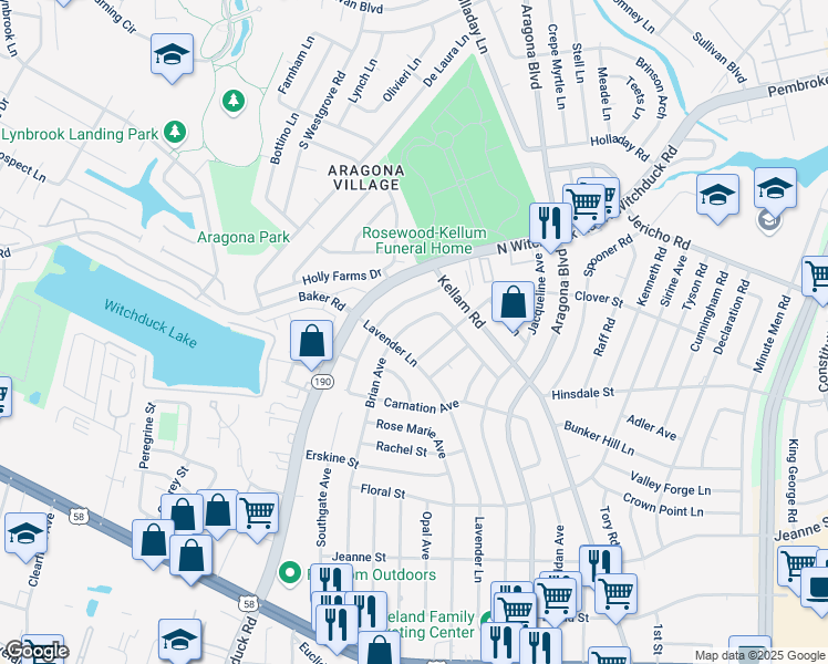map of restaurants, bars, coffee shops, grocery stores, and more near 4984 Clover Street in Virginia Beach