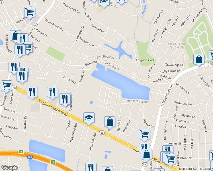 map of restaurants, bars, coffee shops, grocery stores, and more near 5419 Grand Lake Crescent in Virginia Beach