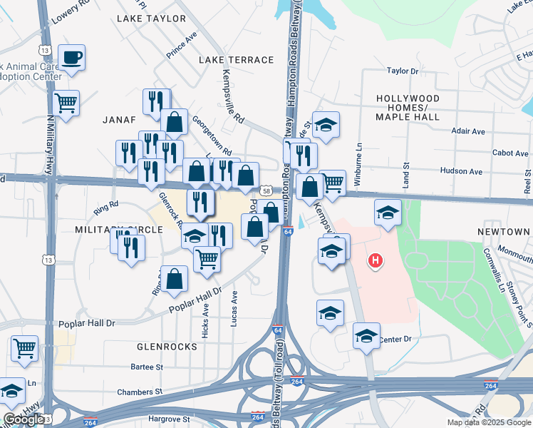 map of restaurants, bars, coffee shops, grocery stores, and more near 836 Poplar Hall Drive in Norfolk