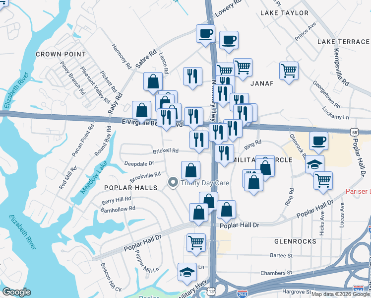 map of restaurants, bars, coffee shops, grocery stores, and more near 5659 Brickell Road in Norfolk