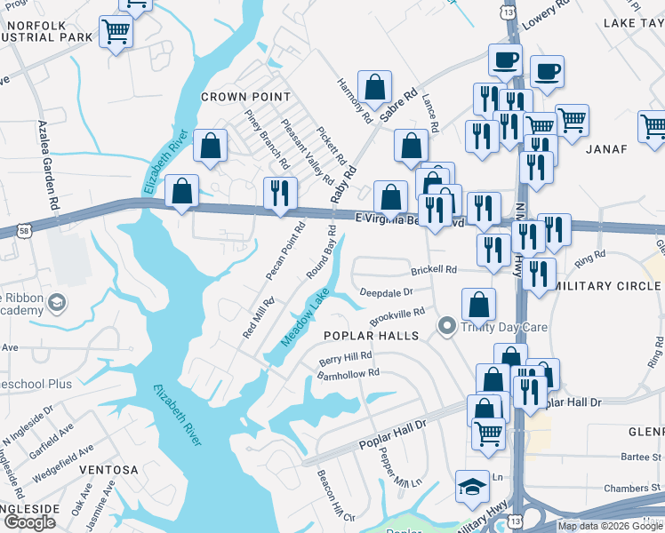 map of restaurants, bars, coffee shops, grocery stores, and more near 830 Round Bay Road in Norfolk