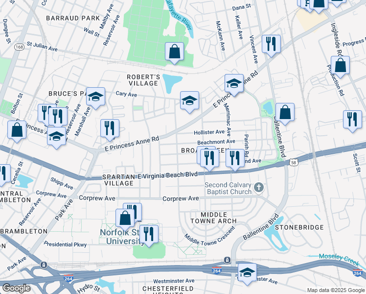 map of restaurants, bars, coffee shops, grocery stores, and more near 2713 Mapleton Avenue in Norfolk