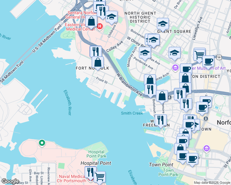 map of restaurants, bars, coffee shops, grocery stores, and more near 533 Front St in Norfolk