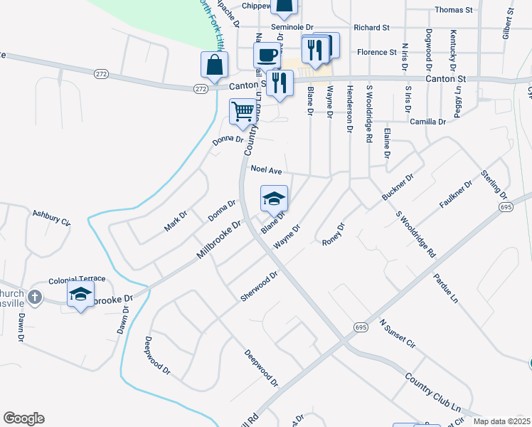 map of restaurants, bars, coffee shops, grocery stores, and more near 313 Blane Drive in Hopkinsville