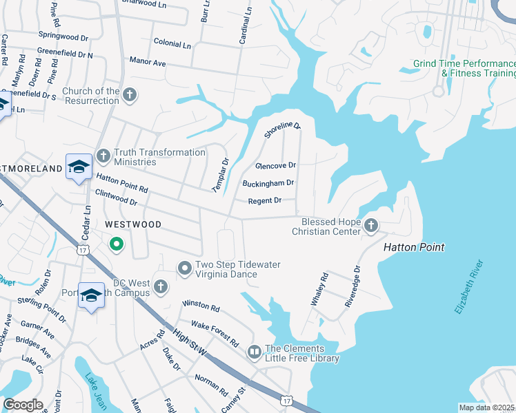 map of restaurants, bars, coffee shops, grocery stores, and more near 4529 Regent Drive in Portsmouth