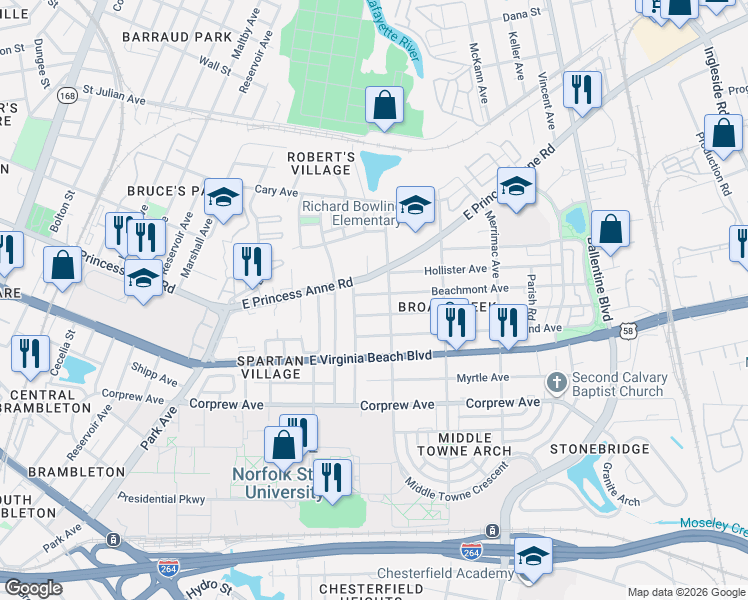 map of restaurants, bars, coffee shops, grocery stores, and more near 2619 Beachmont Avenue in Norfolk