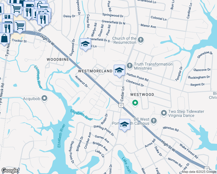 map of restaurants, bars, coffee shops, grocery stores, and more near 3205 Reese Drive in Portsmouth