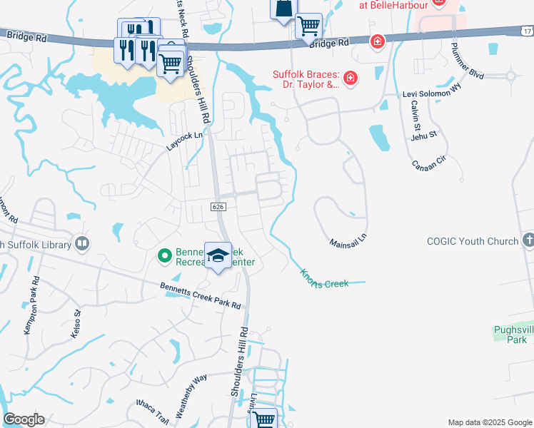 map of restaurants, bars, coffee shops, grocery stores, and more near 806 Bennetts Meadow Lane in Suffolk