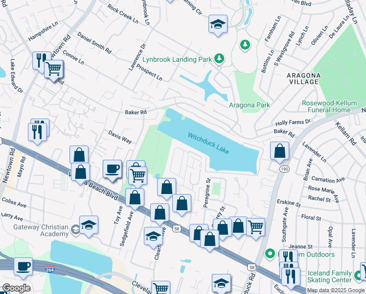 map of restaurants, bars, coffee shops, grocery stores, and more near 5419 Grand Lake Crescent in Virginia Beach