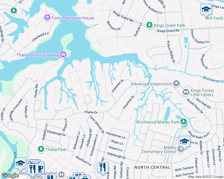 map of restaurants, bars, coffee shops, grocery stores, and more near 732 Pinetree Drive in Virginia Beach