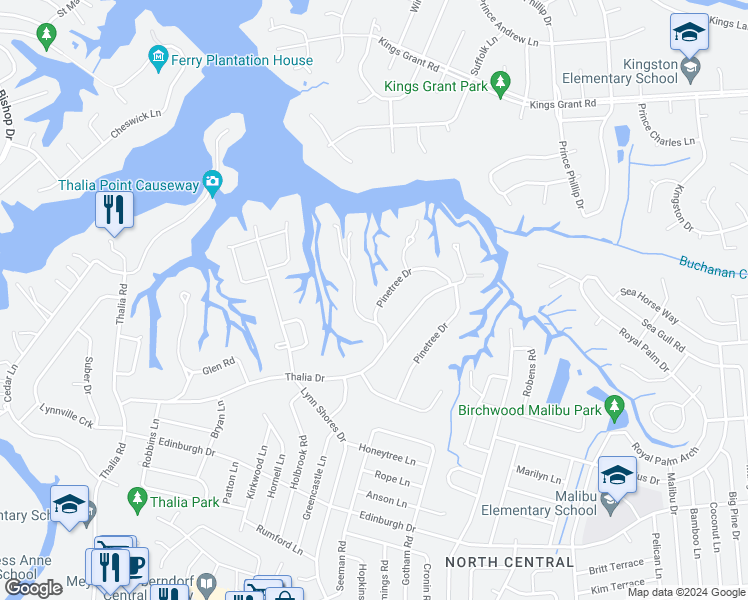 map of restaurants, bars, coffee shops, grocery stores, and more near 732 Pinetree Drive in Virginia Beach