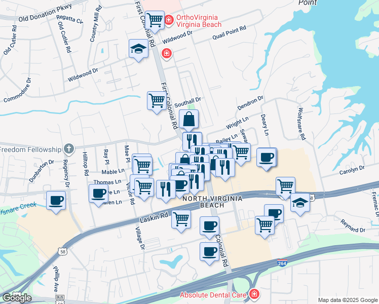 map of restaurants, bars, coffee shops, grocery stores, and more near 1846 Chantilly Court in Virginia Beach