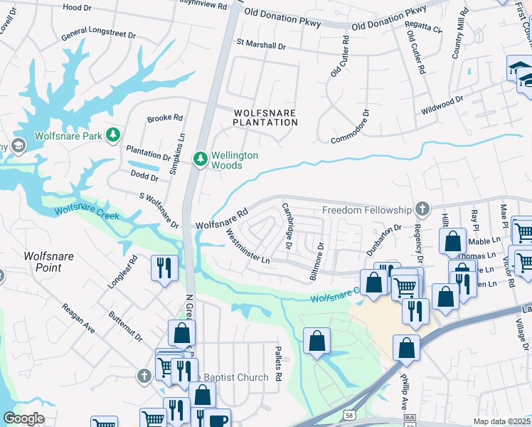 map of restaurants, bars, coffee shops, grocery stores, and more near 2237 Windom Place in Virginia Beach
