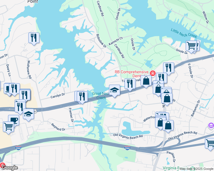 map of restaurants, bars, coffee shops, grocery stores, and more near 1292 Laskin Road in Virginia Beach