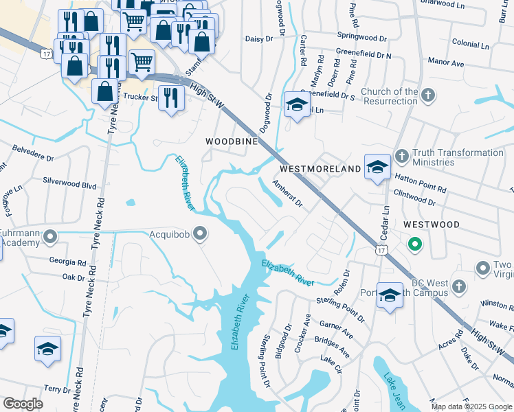 map of restaurants, bars, coffee shops, grocery stores, and more near 5228 Sweetbriar Circle in Portsmouth