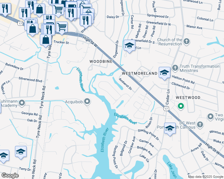 map of restaurants, bars, coffee shops, grocery stores, and more near 5228 Sweetbriar Circle in Portsmouth