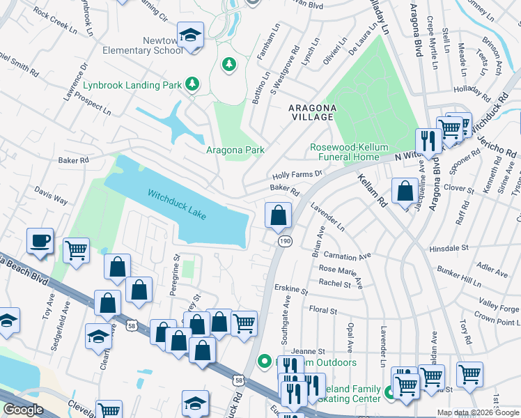 map of restaurants, bars, coffee shops, grocery stores, and more near 5108 Cape Levi Lane in Virginia Beach