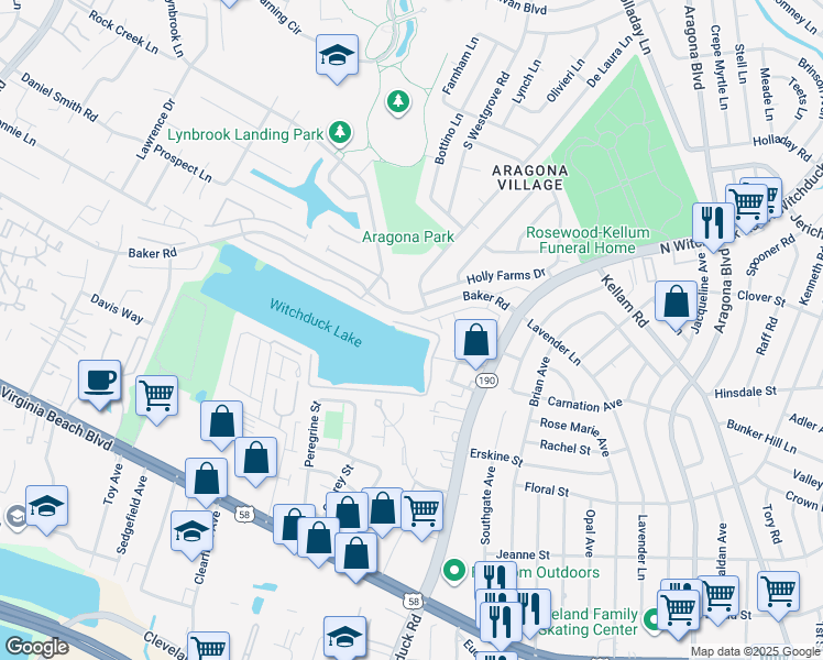 map of restaurants, bars, coffee shops, grocery stores, and more near 5228 Summer Crescent in Virginia Beach