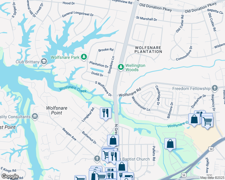 map of restaurants, bars, coffee shops, grocery stores, and more near 725 North Great Neck Road in Virginia Beach