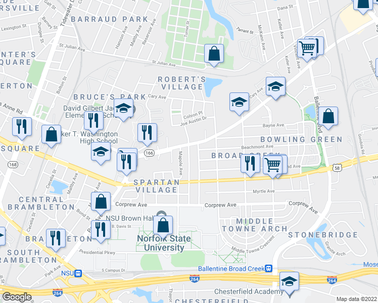 map of restaurants, bars, coffee shops, grocery stores, and more near Kenton Avenue in Norfolk