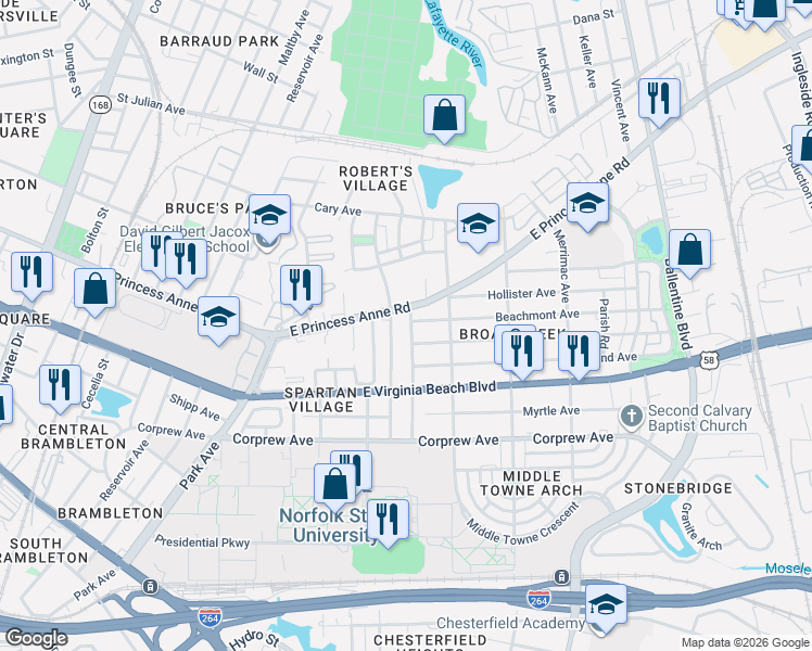 map of restaurants, bars, coffee shops, grocery stores, and more near 1030 Kenton Avenue in Norfolk