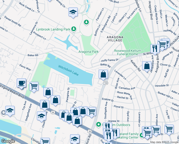 map of restaurants, bars, coffee shops, grocery stores, and more near 5232 Summer Crescent in Virginia Beach