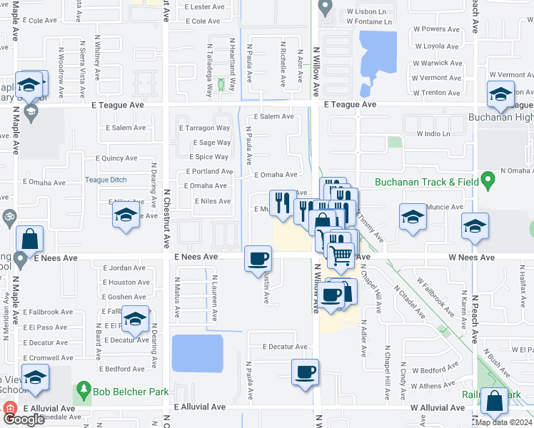 map of restaurants, bars, coffee shops, grocery stores, and more near 2811 East Muncie Avenue in Fresno