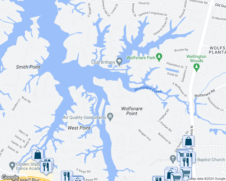 map of restaurants, bars, coffee shops, grocery stores, and more near 2702 Seashore Cove in Virginia Beach