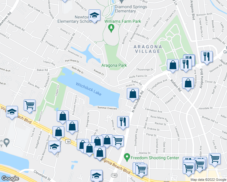 map of restaurants, bars, coffee shops, grocery stores, and more near 5296 Summer Crescent in Virginia Beach