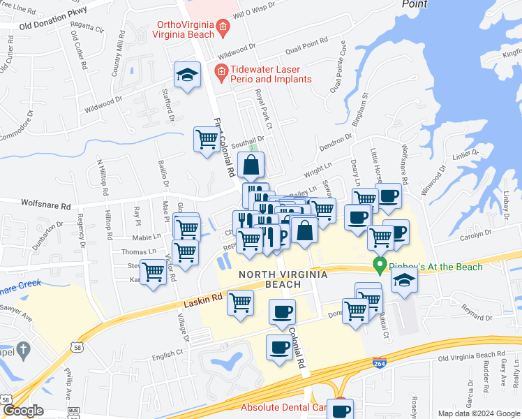 map of restaurants, bars, coffee shops, grocery stores, and more near 1801 Chantilly Court in Virginia Beach