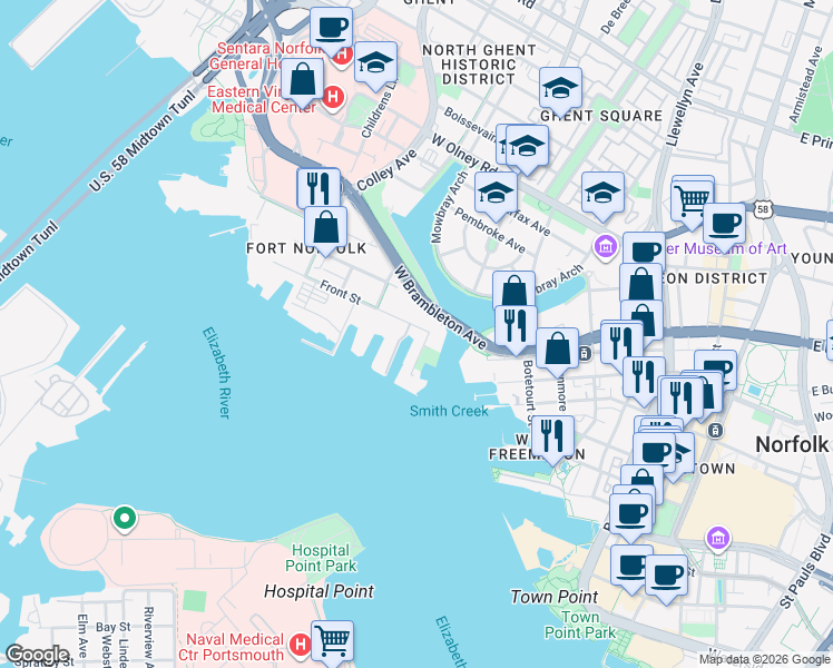 map of restaurants, bars, coffee shops, grocery stores, and more near 111 Rader Street in Norfolk
