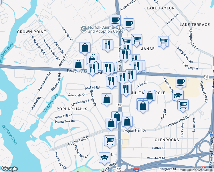 map of restaurants, bars, coffee shops, grocery stores, and more near 5650 Brickell Road in Norfolk