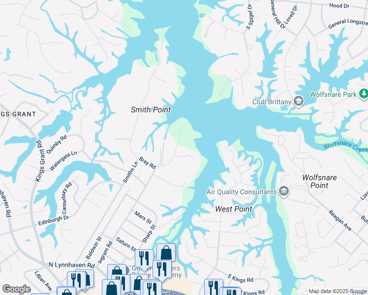 map of restaurants, bars, coffee shops, grocery stores, and more near 3104 Rivers Edge Cove in Virginia Beach