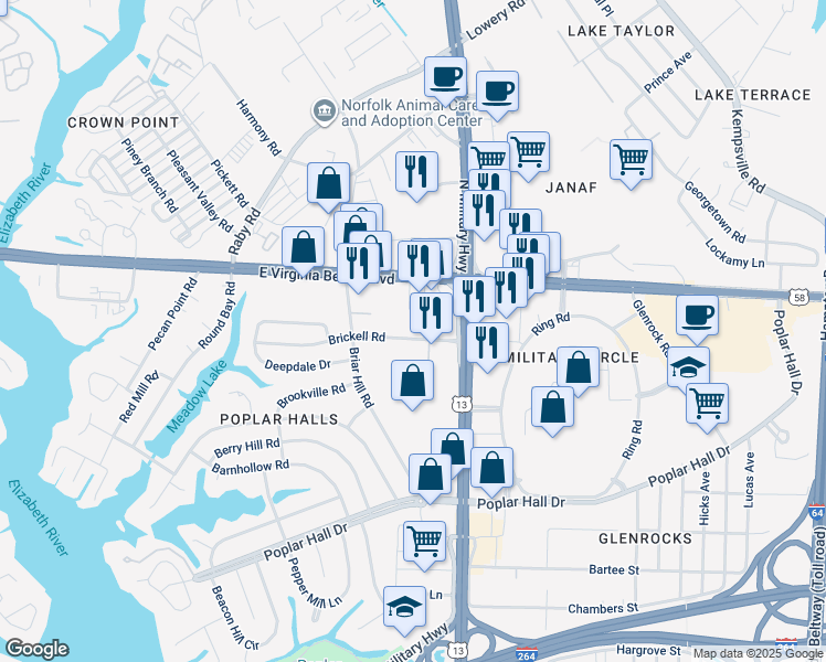 map of restaurants, bars, coffee shops, grocery stores, and more near 5650 Brickell Road in Norfolk