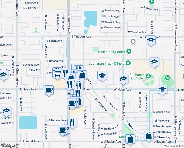 map of restaurants, bars, coffee shops, grocery stores, and more near 622 West Lexington Avenue in Clovis
