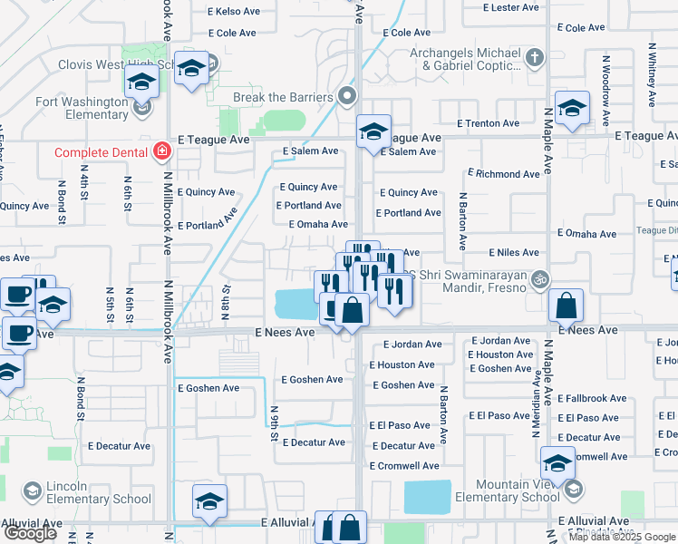 map of restaurants, bars, coffee shops, grocery stores, and more near 8087 North Cedar Avenue in Fresno