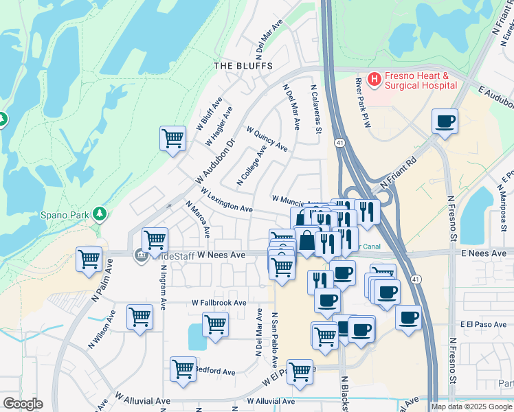 map of restaurants, bars, coffee shops, grocery stores, and more near 8096 North Poplar Avenue in Fresno
