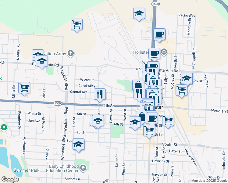 map of restaurants, bars, coffee shops, grocery stores, and more near 569 Virginia Drive in Hollister