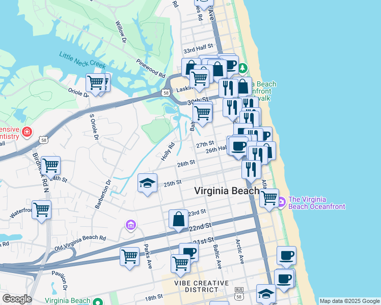map of restaurants, bars, coffee shops, grocery stores, and more near 509 26th Street in Virginia Beach