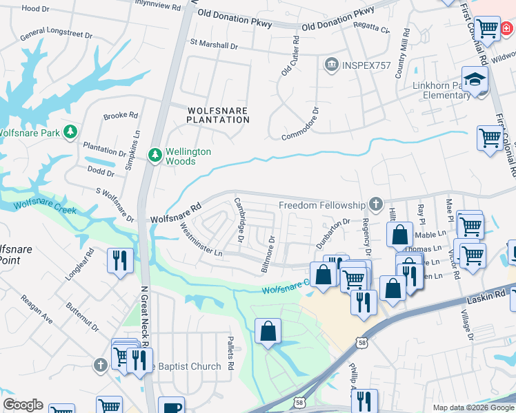 map of restaurants, bars, coffee shops, grocery stores, and more near 2213 Cannon Drive in Virginia Beach