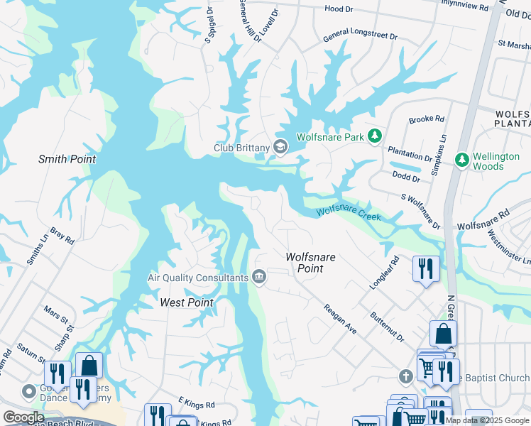 map of restaurants, bars, coffee shops, grocery stores, and more near 2702 Seashore Cove in Virginia Beach