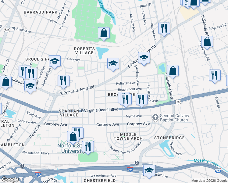 map of restaurants, bars, coffee shops, grocery stores, and more near 2713 Mapleton Avenue in Norfolk
