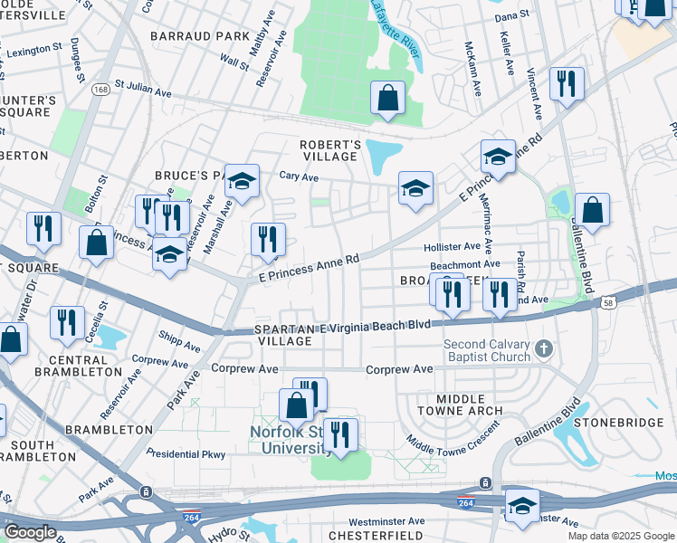 map of restaurants, bars, coffee shops, grocery stores, and more near 1030 Kenton Avenue in Norfolk