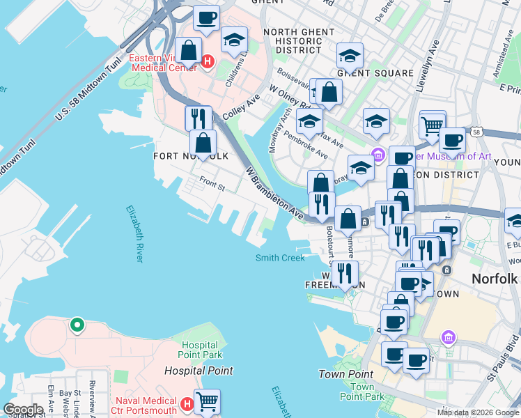 map of restaurants, bars, coffee shops, grocery stores, and more near 111 Rader Street in Norfolk