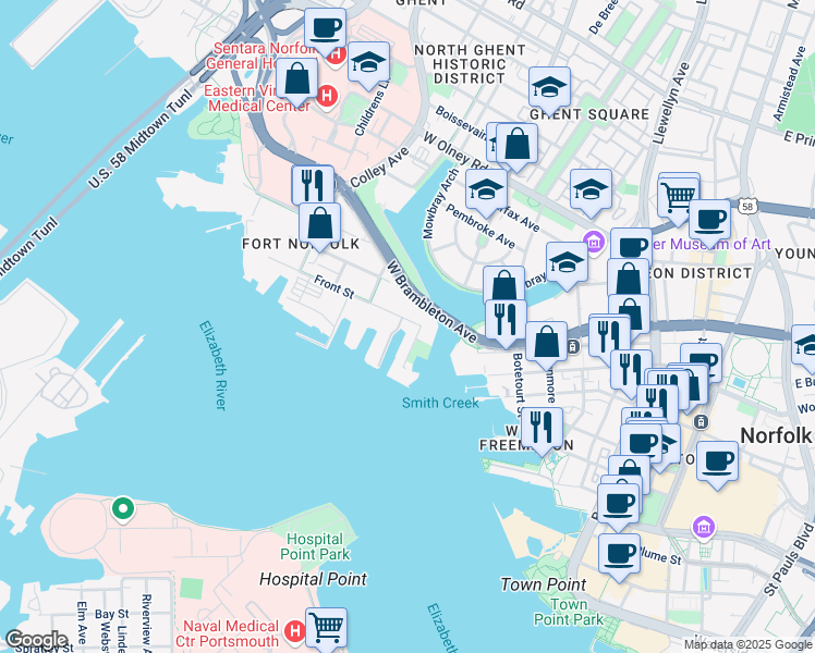 map of restaurants, bars, coffee shops, grocery stores, and more near 111 Rader Street in Norfolk