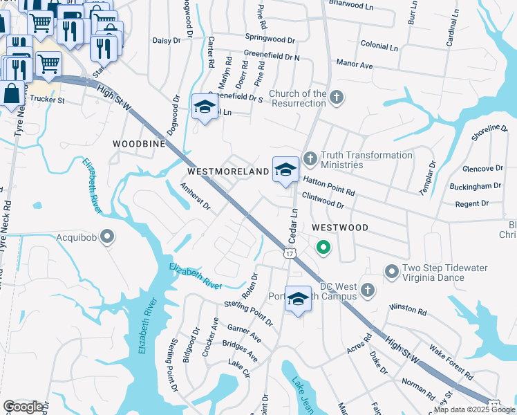 map of restaurants, bars, coffee shops, grocery stores, and more near 3205 Reese Drive in Portsmouth
