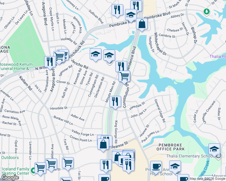 map of restaurants, bars, coffee shops, grocery stores, and more near 612 Independence Boulevard in Virginia Beach