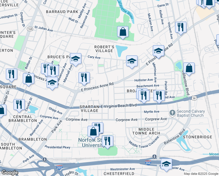 map of restaurants, bars, coffee shops, grocery stores, and more near 1056 Kenton Avenue in Norfolk